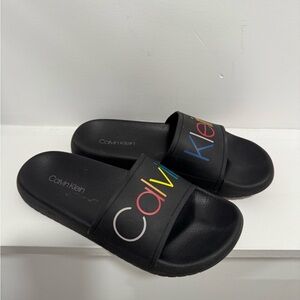 Calvin Klein Black Slides with Colorful Logo
